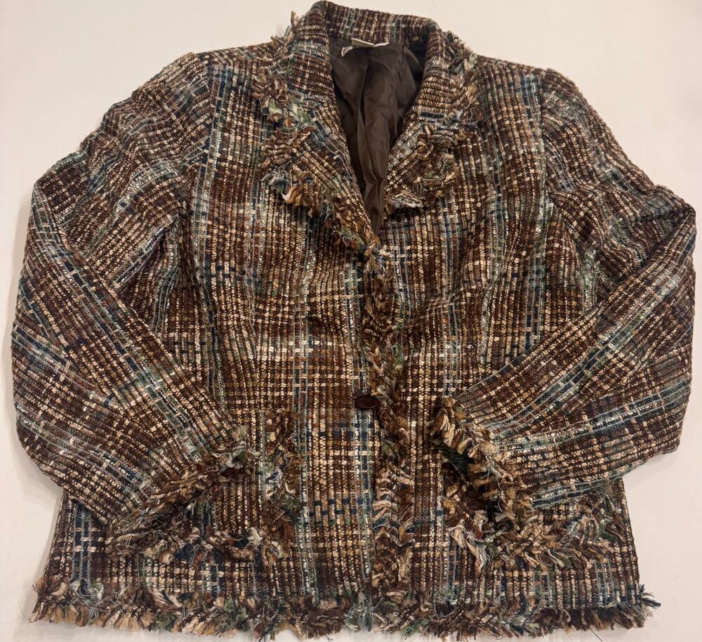 Vtg Carlucci Tweed Blazer Brown/Blue Woven Plaid Size 14 Women's
